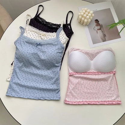 Summer Crop Tops Print for Women Bow Lace Camisole Sexy Backless Vest with Padded Basic Tank Top Bm Style Camis Y2k Streetwear