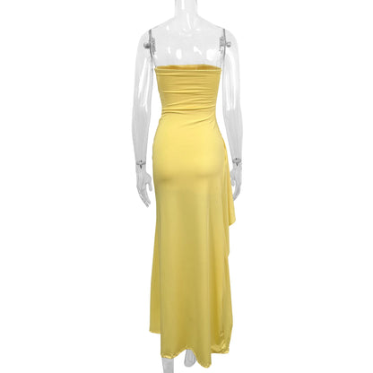 Giyu Sexy Club Evening Party Dresses Women 2025 Summer Slash Neck Backless Ruffles Split Maxi Long Dress Elegant Bodycon Robe