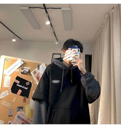 Hoodies men fake two-piece sweatshirt autumn stitching Korean loose contrast color hooded long-sleeved black  white gray design