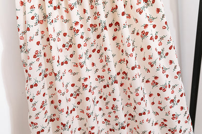 Summer Autumn Fashion Female Short Sleeve Elastic Waist Printed Floral A-line Midi Dress Women Chiffon Dresses Casual Dress