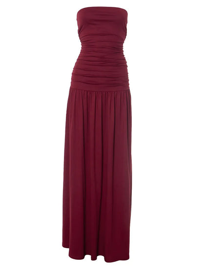 Mozision Off-shoulder Strapless Pleated Sexy Maxi Dress Women Fashion Backless Sleeveless High Waist Ruched Long Dress Elegant