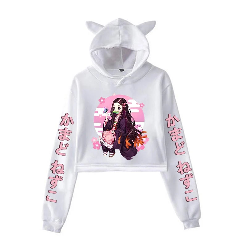 New Anime Kamado Nezuko Printing Cat Ear Hoodies Women Girls Fashion Streetwear Hoodies Sweatshirts Crop Top Pullover