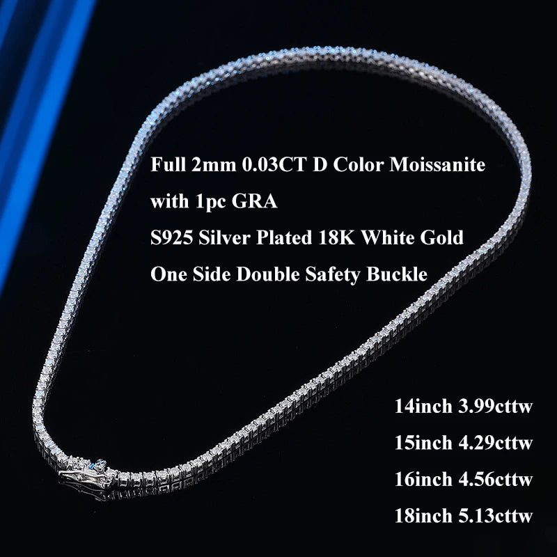 EWYA 本物 2-5mm フル D カラー モアサナイト テニス ネックチェーン ネックレス レディース メンズ 925 シルバー GRA 認定 パーティー ブライダル ネックレス