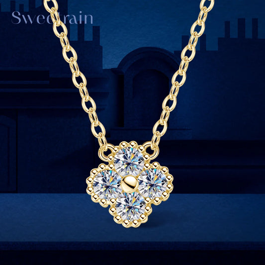 Sweetrain 3mm Certified Moissanite Pendant Necklace for Women Classic Clover Flower Neck Chain 100% Pure 925 Silver Chain Charm