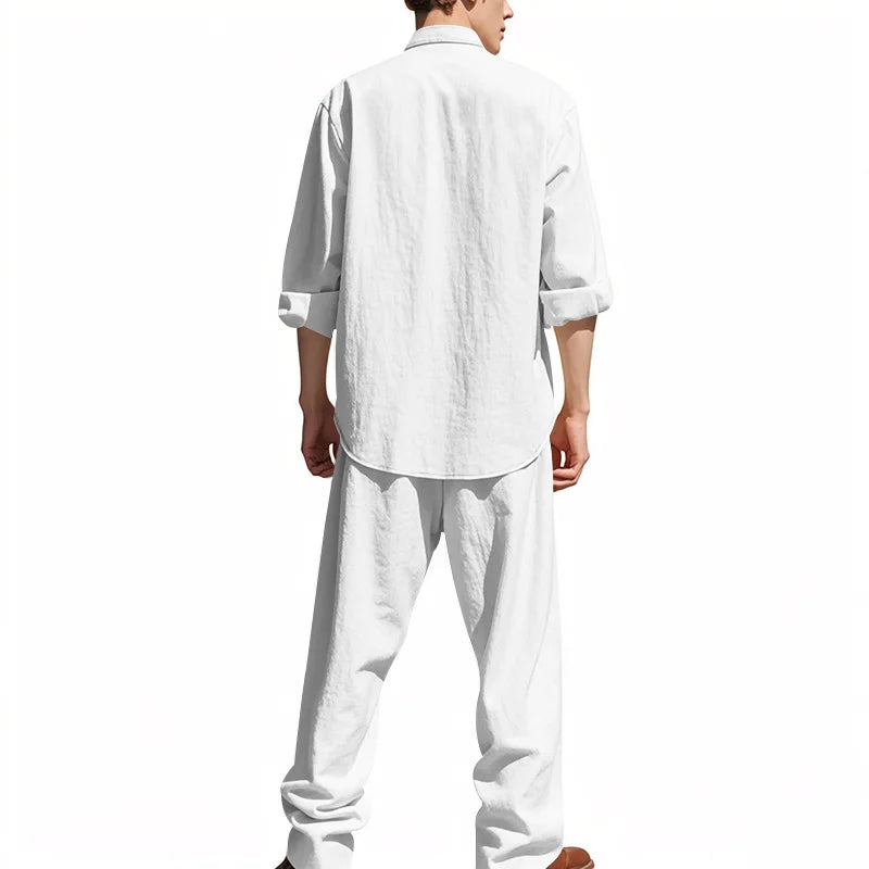 2025 New Spring and Summer Men's Suit Linen Casual Loose Breathable Long Sleeves Shirt Trousers 2Set of Beach Vacation Essential