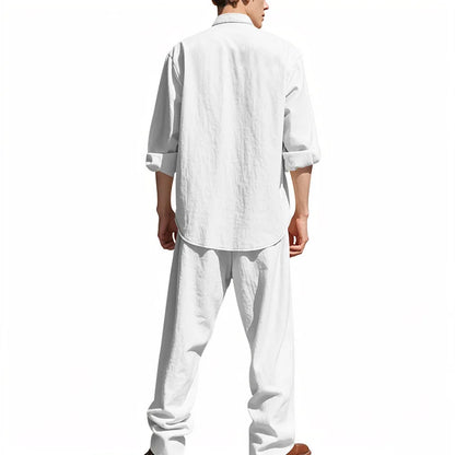 2025 New Spring and Summer Men's Suit Linen Casual Loose Breathable Long Sleeves Shirt Trousers 2Set of Beach Vacation Essential