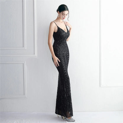 Women's Black Long Sleeve Padded Strap Sequin Dress Length, Sparkles Stretch, V Neck Mermaid, Formal Evening Dress, Night Party