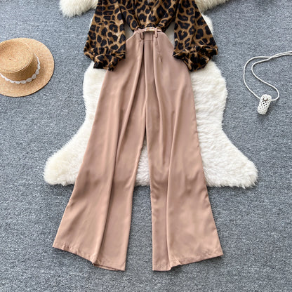 SINGREINY Autumn Leopard Long Jumpsuits V Neck Long Sleeves Belt Wide Legs Pants Women American Retro Senior Office Lady Rompers