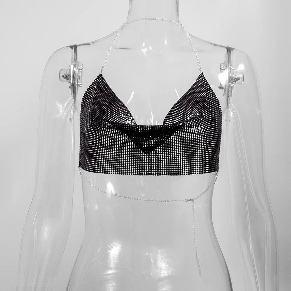 Glitter Metal Sequins Crop Tops For Women Sexy V Neck Backless Halter Tank Top Rave Party Nightclub Camisole Croppe