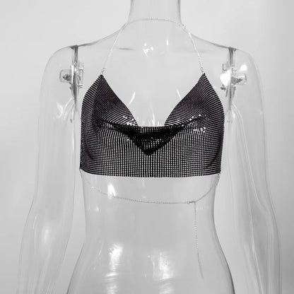 Glitter Metal Sequins Crop Tops For Women Sexy V Neck Backless Halter Tank Top Rave Party Nightclub Camisole Croppe