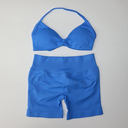Gym Set Women Two Piece Strappy Yoga Bra Top Workout Scrunch Shorts Suit Fitness Clothes Seamless Sportswear Workout Set