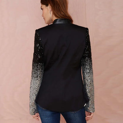 Fashion Women Black Blazer Silver Gray Gradient Sequins Stitching Lapel Slim Lady Office Suits Jacket Coat