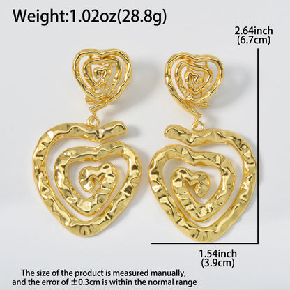 Gold Plated Hammered Heart/Round Spiral Drop Earrings Double Layer Statement Dangle Jewelry For Women Bohemian Vintage Style