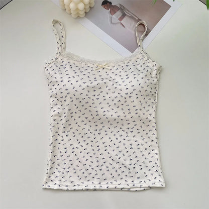Summer Crop Tops Print for Women Bow Lace Camisole Sexy Backless Vest with Padded Basic Tank Top Bm Style Camis Y2k Streetwear