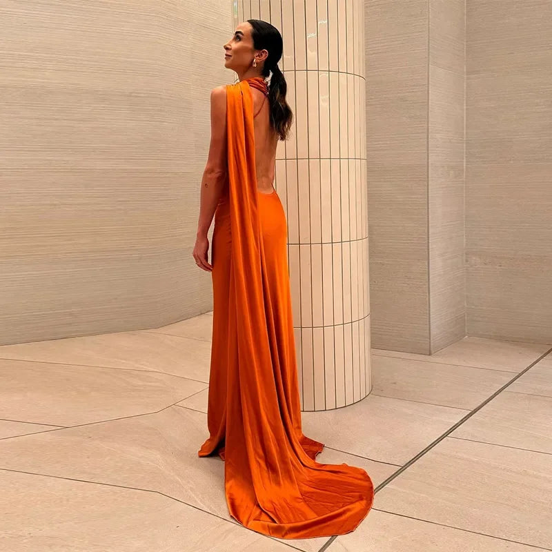 Elegant Satin Ribbon Halter Backless Sleeveless Dress for Women Slim Fit Party Evening Robes Lady Solid Color Autumn Summer 2025