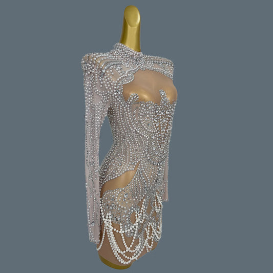 High-end Rhinestones Elegant Sparkly Mini Dress for Women Sexy Party Pearls Crystals Short Dress Luxury Gala Evening Dress Pansi