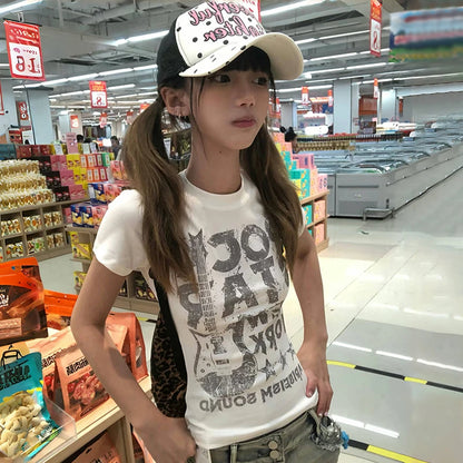 Karrram Japanese Y2k Letter Print T-shirt 2000s Style Short Sleeve Crop Top Vintage Harajuku Ribbed Tee Shirt American Retro 90s