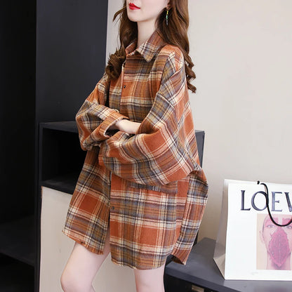 Women Tartan Shirt Long Sleeve Collared Button Up Oversized Plaid Shirt Jacket Grunge Fashion Teenage Girl Spring Summer Outfit