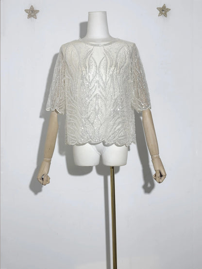 Gorgeous Sequin Beaded Women New Exquisite Sequin Heavry Embroidered Mesh O-Neck Halft Sleeves Blouse Mesh Top Pullover Shirt