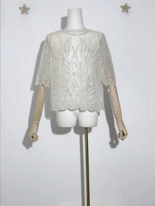 Gorgeous Sequin Beaded Women New Exquisite Sequin Heavry Embroidered Mesh O-Neck Halft Sleeves Blouse Mesh Top Pullover Shirt