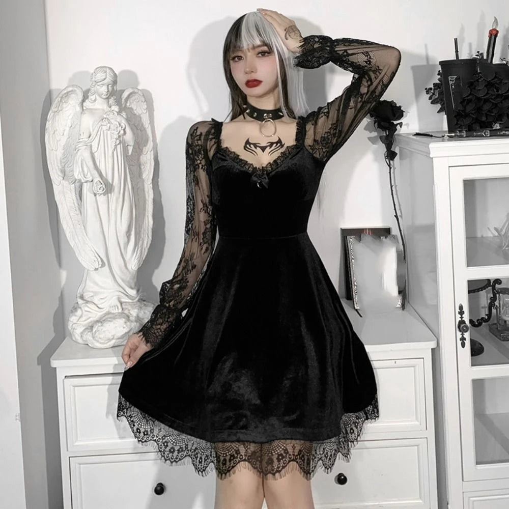 透け感ロングスリーブラッフルミニドレス ヴィンテージパッチワークゴシックドレス レディース Y2K Vネックフロッキングレーストリムボディコンドレス