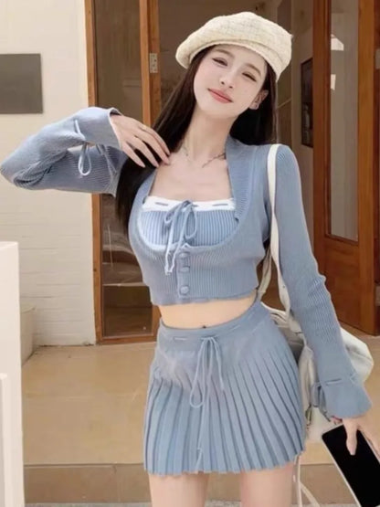 Woman Y2k Matching 3 Piece Set New Products Sweet Solid Knitted Cropped Patchwork Vest Slim Cardigan Mini Pleated Skirt Autumn