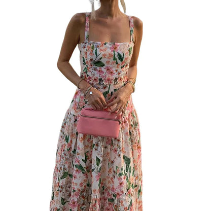 Summer Sexy Off Shoulder Vacation Long Dress Women Elegant Floral Print Hollow Party Dress Fashion Sleeveless Pleated Bohe Dress