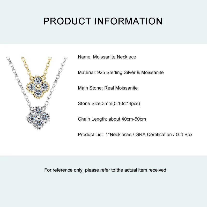 Lnkry 3mm 0.1ct モアサナイト ネックレス GRA 925 スターリングシルバー ラッキークローバー フラワー ペンダント ネックレス レディース 2025 ホットジュエリー
