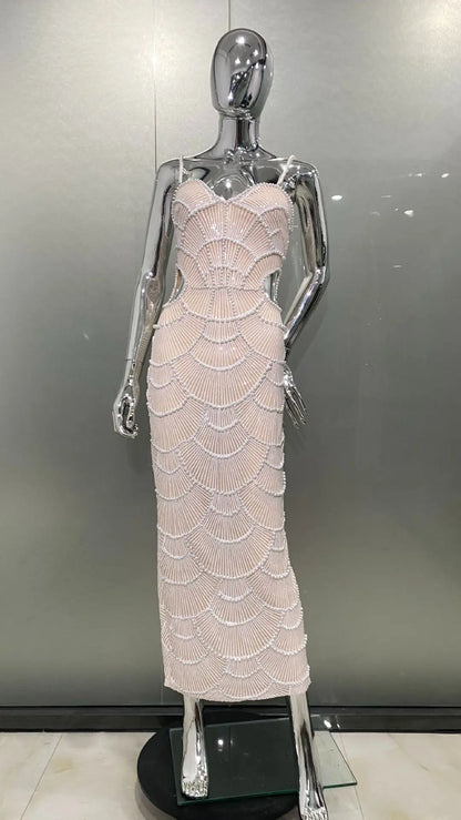 Deluxe Exquisite Sequin Beaded Sexy Hollow Suspender Dress Celebrity Birthday Party Dinner Dress Sweet Date Prom Dress