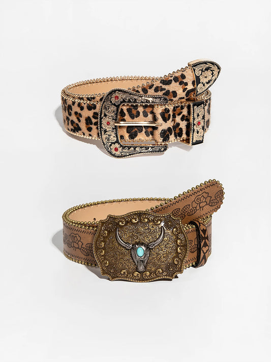 1ps Vintage Carved Gemstone Buckle, Leopard Floral Embossed Pearl Edge Waist Belt For Ladies Daily Wear