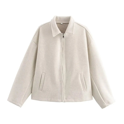 Autumn and winter fashion lapel long-sleeved zipper woolen coat 2024 European and American loose casual jacket