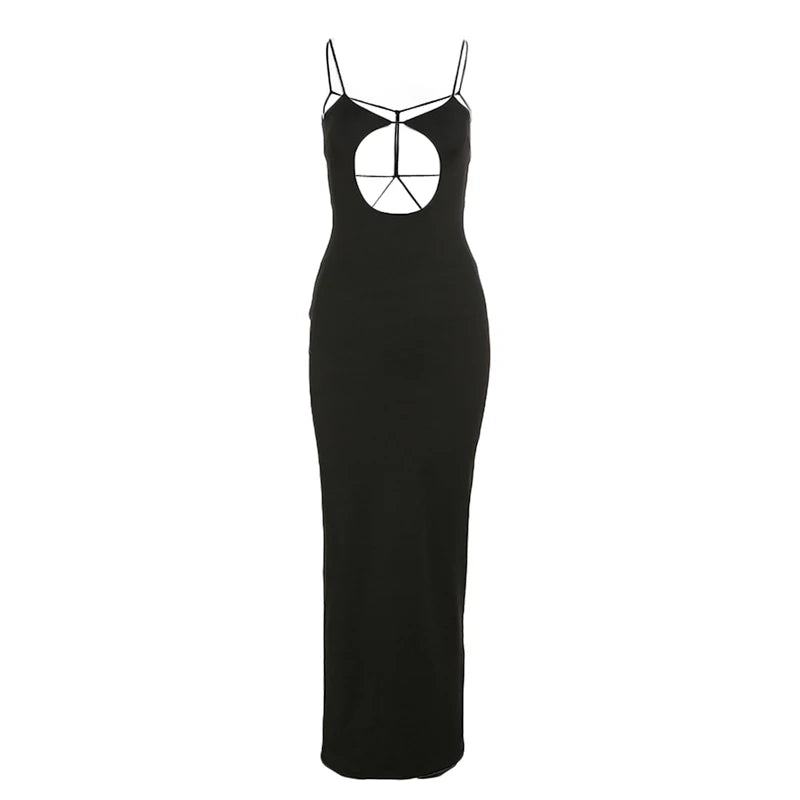 Combhasaki Womens Solid Color Thin Spaghetti Straps Backless Round Cutout Hole Slim Fit Suspender Party Club Slim Fit Long Dress