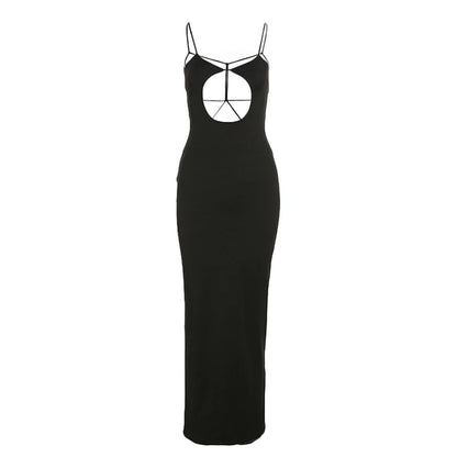 Combhasaki Womens Solid Color Thin Spaghetti Straps Backless Round Cutout Hole Slim Fit Suspender Party Club Slim Fit Long Dress