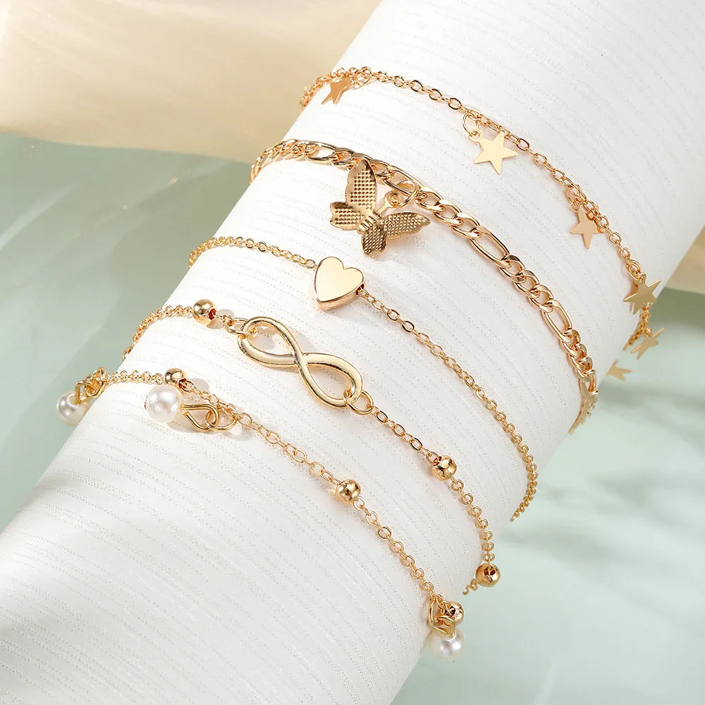 Bohemia Butterfly Anklet Set For Women Star Heart Pearl Charm Ankle Bracelet Female Summer Vacation Beach Jewelry Accessories
