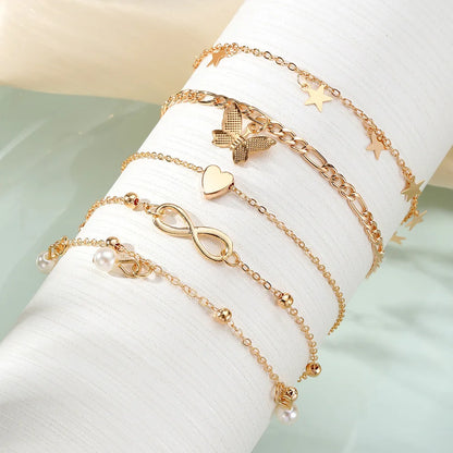 Bohemia Butterfly Anklet Set For Women Star Heart Pearl Charm Ankle Bracelet Female Summer Vacation Beach Jewelry Accessories