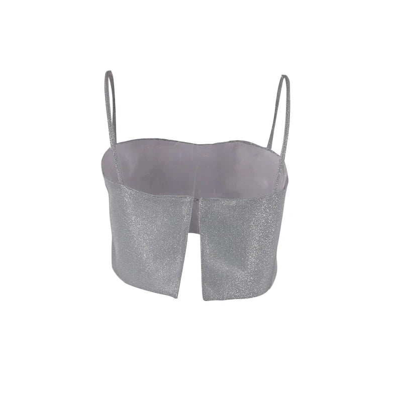 Women Silver Shining Sequin Camisole Summer Fashion Sexy Low Cut Suspender Tops Crop