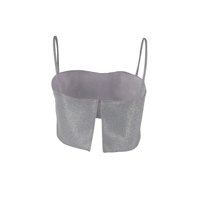 Women Silver Shining Sequin Camisole Summer Fashion Sexy Low Cut Suspender Tops Crop