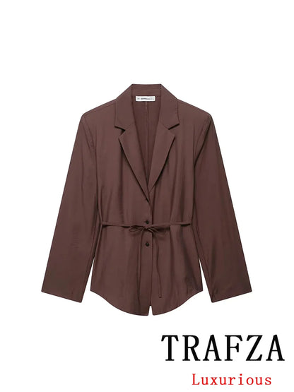 TRAFZA Vintage Brown V Neck Long Sleeve Belt Blazer+High Waist Wide Leg Shorts Fashion 2025 Summer Vintage Female Holiday Sets