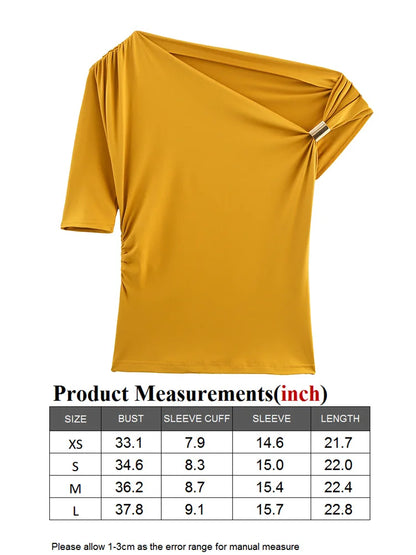 TRAF GAL 2025 Summer Thin Women Tees Short Sleeve Metal Detail Ruched Elastic Slim Asymmetric T-Shirt Female Crop Top Y2K