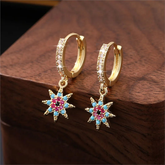 Light Luxury Copper Inlaid zircon Octagonal Star Pendant Hoop Earrings for Women Eleagnt Dangle Earring Party Jewelrys Gifts