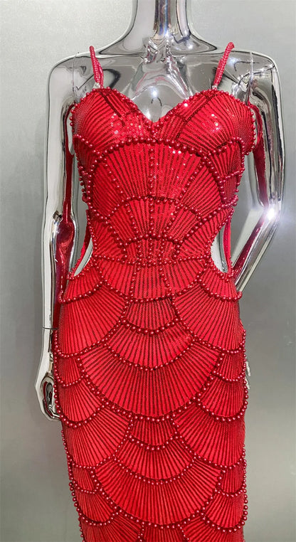 Deluxe Exquisite Sequin Beaded Sexy Hollow Suspender Dress Celebrity Birthday Party Dinner Dress Sweet Date Prom Dress
