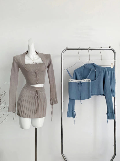 Woman Y2k Matching 3 Piece Set New Products Sweet Solid Knitted Cropped Patchwork Vest Slim Cardigan Mini Pleated Skirt Autumn