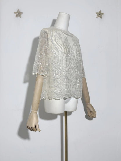 Gorgeous Sequin Beaded Women New Exquisite Sequin Heavry Embroidered Mesh O-Neck Halft Sleeves Blouse Mesh Top Pullover Shirt