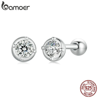 BAMOER 925 Sterling Silver Bezel Setting Moissanite Stud Earrings Round Cut Lab Diamond Earrings for Women Wedding Jewelry Gift