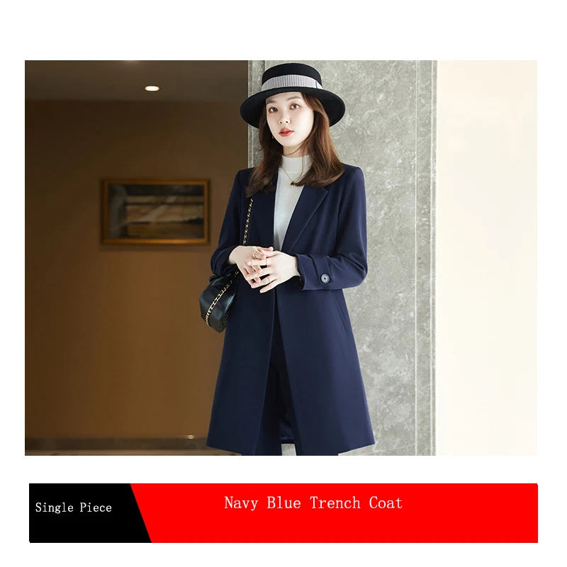 2022 Winter High-end Women's Business Suit Pants Two-piece Set Temperament Slim Solid Color Lady Double Breasted Trench Coat