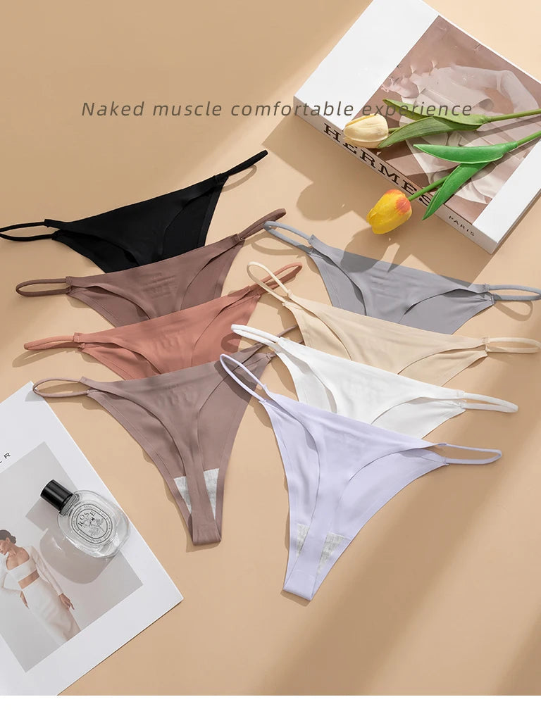 Women's Sexy Lightweight Ice Silk Seamless Knit Thong with Thin Straps - No Show Panty Underwear Lingerie Intimate Apparel