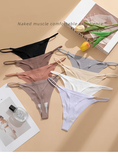 Women's Sexy Lightweight Ice Silk Seamless Knit Thong with Thin Straps - No Show Panty Underwear Lingerie Intimate Apparel
