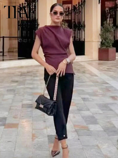 TRAF 2025 Women Top Ruffled Asymmetric Tops For Women Tanks & Camis Ruched Sleeveless Tops Vest Burgundy Brown Black Tank Tops