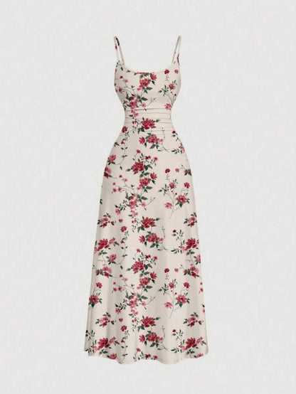Women Summer Casual Sweet Floral Print Halter Dress High Waist Pleated Slim Fit A-line Dress Casual Vacation Dress