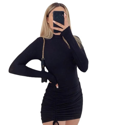 レディース ブラック ボディコン セクシー クラブ ラッフル ドローストリング ミニドレス 長袖 スリムフィット パーティー ショートワンピース 2024
